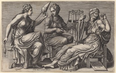 Las tres Parcas de Giorgio Ghisi after Giulio Romano
