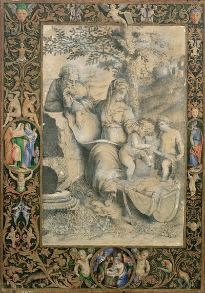 Borde de un manuscrito iluminado que rodea un dibujo después de La Sagrada Familia bajo el roble de Rafael (atribuido a Clovio) de Giorgio Giulio Clovio