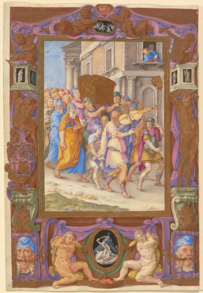 El rey David bailando ante el Arca de la Alianza, en un marco decorativo, c.1540 (acuarela y acuarela sobre pergamino) de Giorgio Giulio Clovio