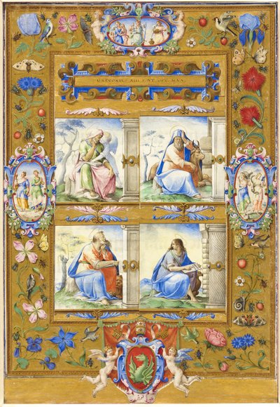 Los Cuatro Evangelistas, dentro de un borde de flores, pájaros e insectos de Giorgio Giulio Clovio