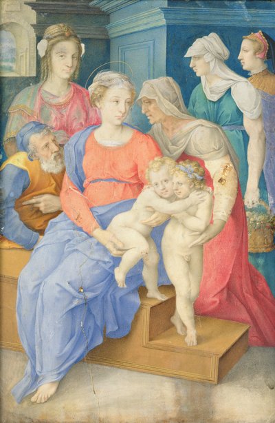 La Sagrada Familia con Santa Isabel, San Juan Bautista y tres damas nobles, c.1557 de Giorgio Giulio Clovio