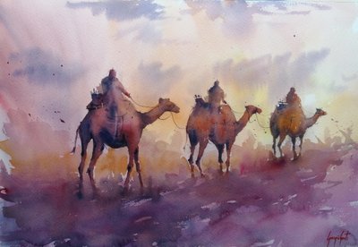 Puesta de sol con una caravana de camellos de Giorgio Gosti