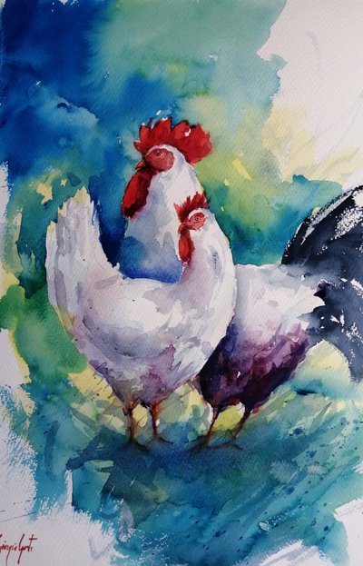Gallo y gallina de colores de Giorgio Gosti