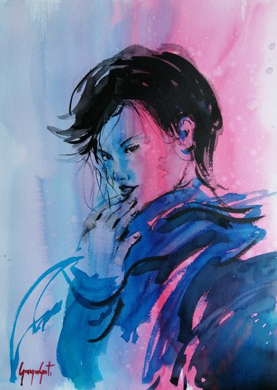 Retrato dinámico en rosa y azul de Giorgio Gosti