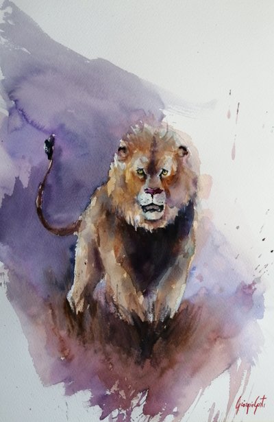 Un león imponente pintado en acuarela de Giorgio Gosti