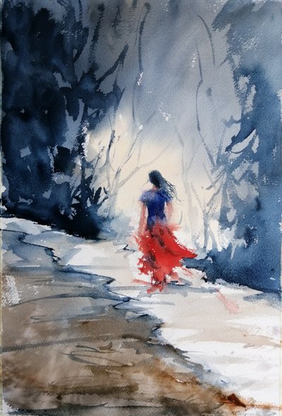 Vestido rojo en el bosque invernal de Giorgio Gosti