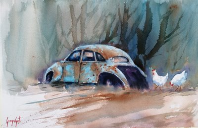Un coche rústico y unas gallinas de Giorgio Gosti