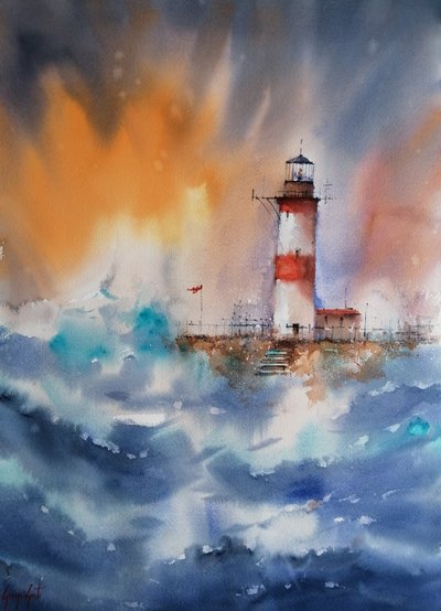 Paisaje marino con un faro en medio de la tormenta de Giorgio Gosti