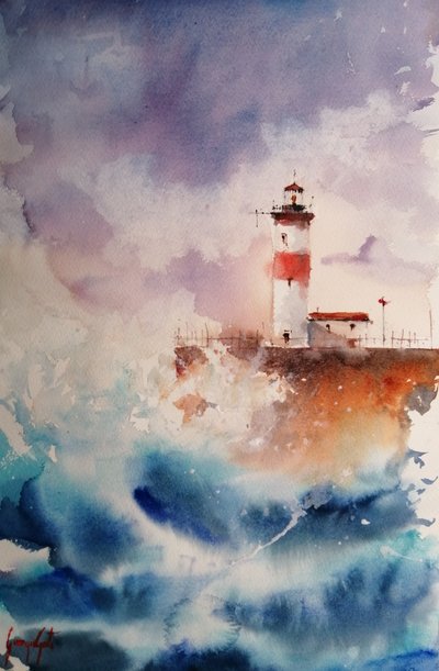 Olas tormentosas en el faro de Giorgio Gosti