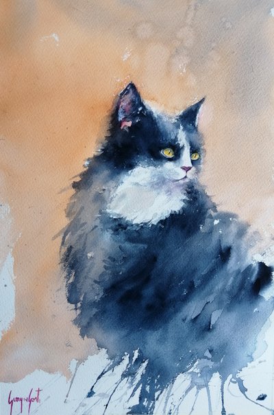 Gato vigilante en acuarela de Giorgio Gosti