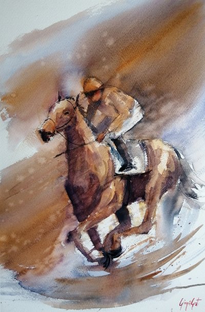 Carrera de caballos en acuarela de Giorgio Gosti