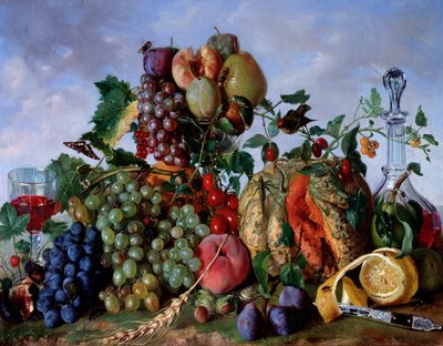 Bodegón de frutas del mes de agosto, melocotones, melón, uvas, ciruelas de Damasco, peras (frutas de agosto, melocotones, melón, peras, uvas y damascos) Pintura de Giorgio Rovea (ca. 1815-1892) 1862 Dim 53x67 cm Genes, Galleria d