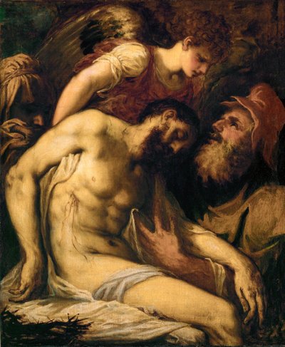 Cristo muerto, sostenido por un ángel y por José de Arimatea ... (pintura sobre lienzo) de Giorgio Schiavone