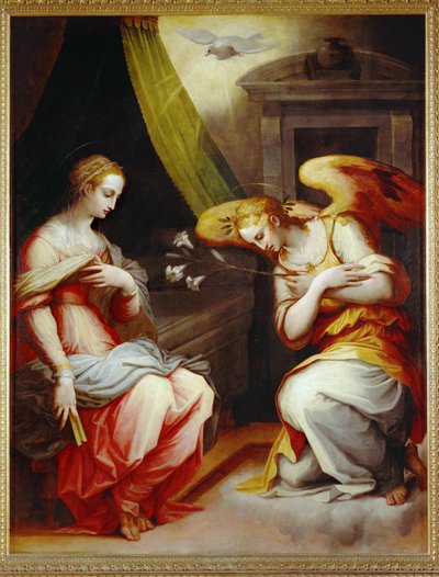 Anunciación. Panel central de un tríptico. Pintado para el altar mayor de Santa Maria Novella en Arezzo ... de Giorgio Vasari