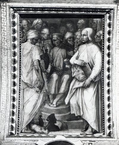 Cosimo de Medici sentado entre filósofos y artistas en la Sala de Cosimo el Viejo de Giorgio Vasari