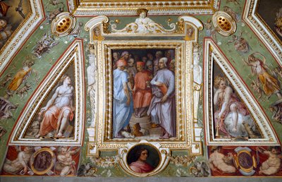 (detalle) de la sala de Cosimo de Medicis representándose a sí mismo con artistas e intelectuales de Giorgio Vasari