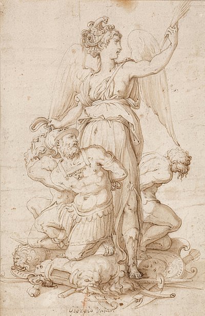 Victoria alada con rama de palma y tres prisioneros arrodillados sobre trofeos de Giorgio Vasari