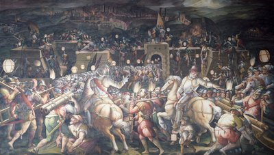 Italia, Florencia, Palazzo Vecchio (Palacio Viejo), Salone dei Cinquecento, Toma de Fuerte cerca de Puerto Camollia en Siena de Giorgio Vasari