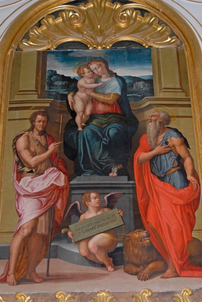 Madonna y el Niño entre San Juan Bautista y San Jerónimo, pintura de Giorgio Vasari, iglesia en el monasterio de Camaldoli, Camaldoli, Toscana, Italia de Giorgio Vasari