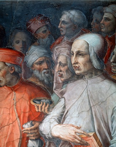 Marsilio Ficino flanqueado por Paolo del Pozzo Toscanelli, (detalle) de Giorgio Vasari