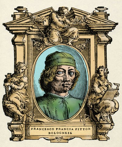 Retrato de Francesco FRANCIA (1450-1517) pintor italiano. Grabado del tratado “Vidas de los más excelentes pintores, escultores y arquitectos” (Le Vite de