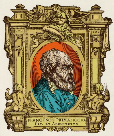 Retrato de Francesco Primaticcio conocido como El Primatice (1504-1570) pintor, escultor y arquitecto. Fue miembro de la Escuela de Fontainebleau. Grabado del tratado "Vidas de los más excelentes pintores, escultores y arquitectos" (Le Vite de