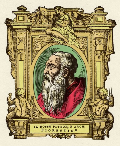 Retrato del pintor Giovanni Battista di Jacopo (Rosso Fiorentino) (1495-1540). Fue miembro de la Escuela de Fontainebleau. Grabado del tratado "Vidas de los más excelentes pintores, escultores y arquitectos" de Giorgio Vasari