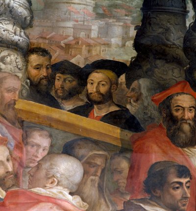 Retratos de Miguel Ángel, Lorenzo de Medici, Duque de Urbino, Giuliano de Medici y Leonardo da Vinci, (detalle) de Giorgio Vasari