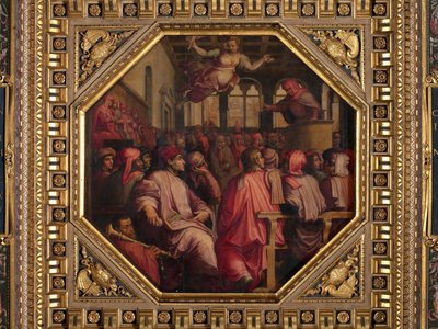 Discurso de Antonio Giacomini por la guerra contra Pisa en la Sala dei Duecento de Giorgio Vasari