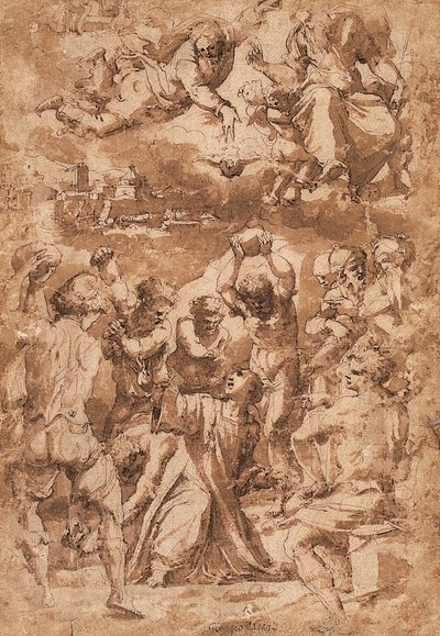 La lapidación de San Esteban, con la Trinidad arriba de Giorgio Vasari