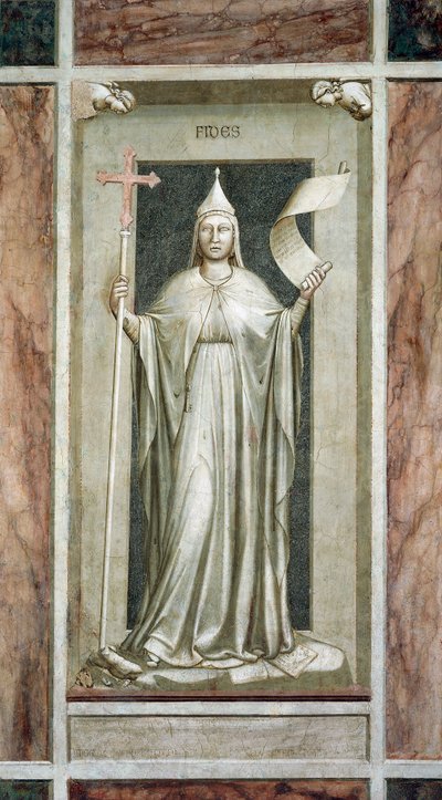 Fe, figura femenina sosteniendo la Cruz y un pergamino símbolo de la Verdad Revelada, mientras destruye un ídolo y se encuentra sobre símbolos de la Cábala, ciclo de frescos Los Vicios y las Virtudes, después de la restauración, Capilla Scrovegni, Padua, V de Giotto (c.1266 1337)