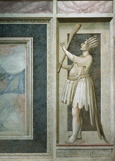 Insensatez, figura masculina con la boca cerrada por un candado, un garrote en la mano derecha, cabeza cubierta de plumas y cola de pavo real (detalle) de Giotto (c.1266 1337)