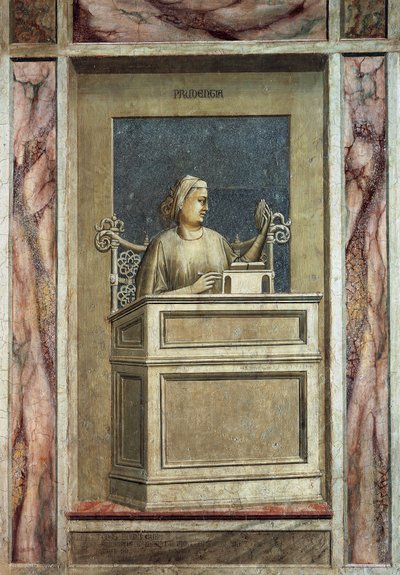 Prudencia, figura femenina sentada en un escritorio, mirando al pasado para aprender de la experiencia y leyendo un libro para obtener enseñanzas para el futuro (detalle) de Giotto (c.1266 1337)