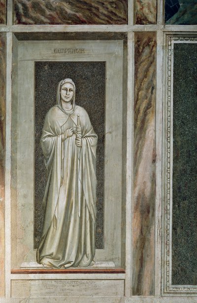 La templanza, figura gentil con espada atada a su vaina y una brida en la boca simbolizando el control de las palabras, por Giotto, detalle del ciclo de frescos Los Vicios y Virtudes de Giotto (c.1266 1337)