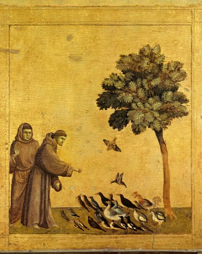 San Francisco de Asís predicando a los pájaros. Detalle de la predela de San Francisco de Asís recibiendo los estigmas. Pintura de Giotto Di Bondone de Giotto di Bondone