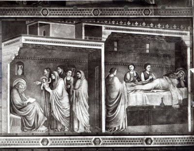 El Nacimiento de San Juan Bautista y su padre Zacarías escribiendo su nombre de Giotto di Bondone
