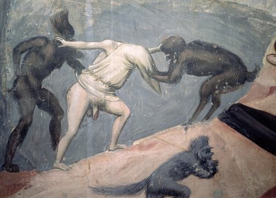 El Juicio Final: Infierno, detalle de uno de los condenados llevado por dos demonios, c.1303-05 de Giotto di Bondone
