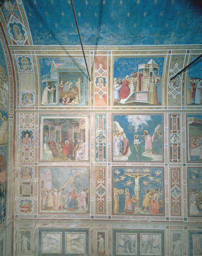 Vista de los frescos en la pared izquierda, c.1303-05 (post-restauración) de Giotto di Bondone
