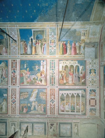 Vista de los frescos en la pared izquierda, c.1303-05 (post-restauración) de Giotto di Bondone