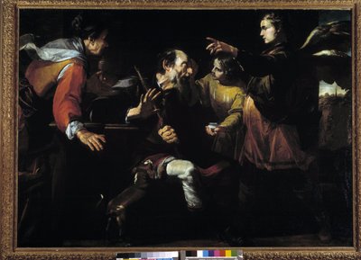 Tobías devolviendo la vista a su padre (Tobías el joven pasa sobre los ojos de su padre el hígado del pez que pescó bajo la guía del arcángel) de Giovacchino Assereto