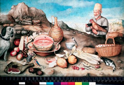 Naturaleza muerta con pescado, melón, jamón, alcachofa, apio y caza de Giovanna Garzoni