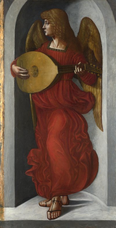 Un ángel en rojo con un laúd, c. 1490-1499 de Giovanni Ambrogio de Predis