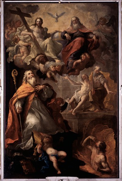 Representación de San Nicolás de Bari y la santísima trinidad Dios, Jesucristo y la paloma del Espíritu Santo de Giovanni Andrea Carlone
