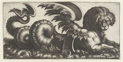 Foca alada con una especie de silla de montar en el lomo Frisones con monstruos marinos (título de la serie) de Giovanni Andrea Maglioli