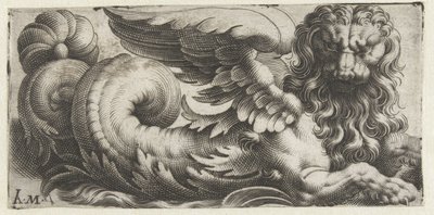 León marino alado con melena ondulada y barba Frisones con monstruos marinos (título de la serie) de Giovanni Andrea Maglioli