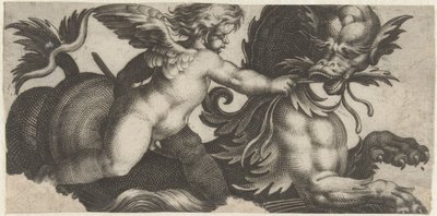 Putto alimenta a un monstruo marino con una hoja Frisones con monstruos marinos (título de la serie) de Giovanni Andrea Maglioli