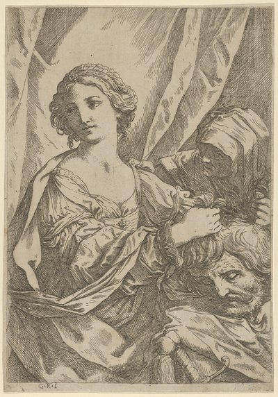 Judith agarrando la cabeza de Holofernes por el cabello y mirando a la izquierda, una anciana, 1600-1640 de Giovanni Andrea Sirani