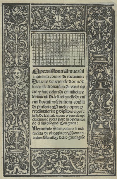 Opera Nova Universali intitulata Corona di racammi, página del título recto de Giovanni Andrea Vavassore