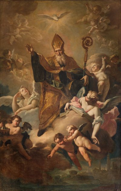 Transepto sur, Altar de San Benedicto, San Benedicto en el Gloria mientras bendice la ciudad, Retablo de Giovanni Angelo Borroni, San Benedicto en el Gloria mientras bendice la ciudad 1744 de Giovanni Angelo Borroni
