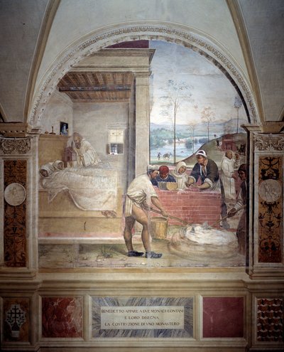 Benedicto aparece a dos monjes y les presenta el proyecto de un monasterio - fresco del claustro hecho por Antonio Bazzi dit il Sodoma (1477 - 1549) relatando la vida de San Benito de Nursia (480 - 567) fundador de la Orden de los Benedictinos 1503 - 1508  de Giovanni Antonio Bazzi Sodoma